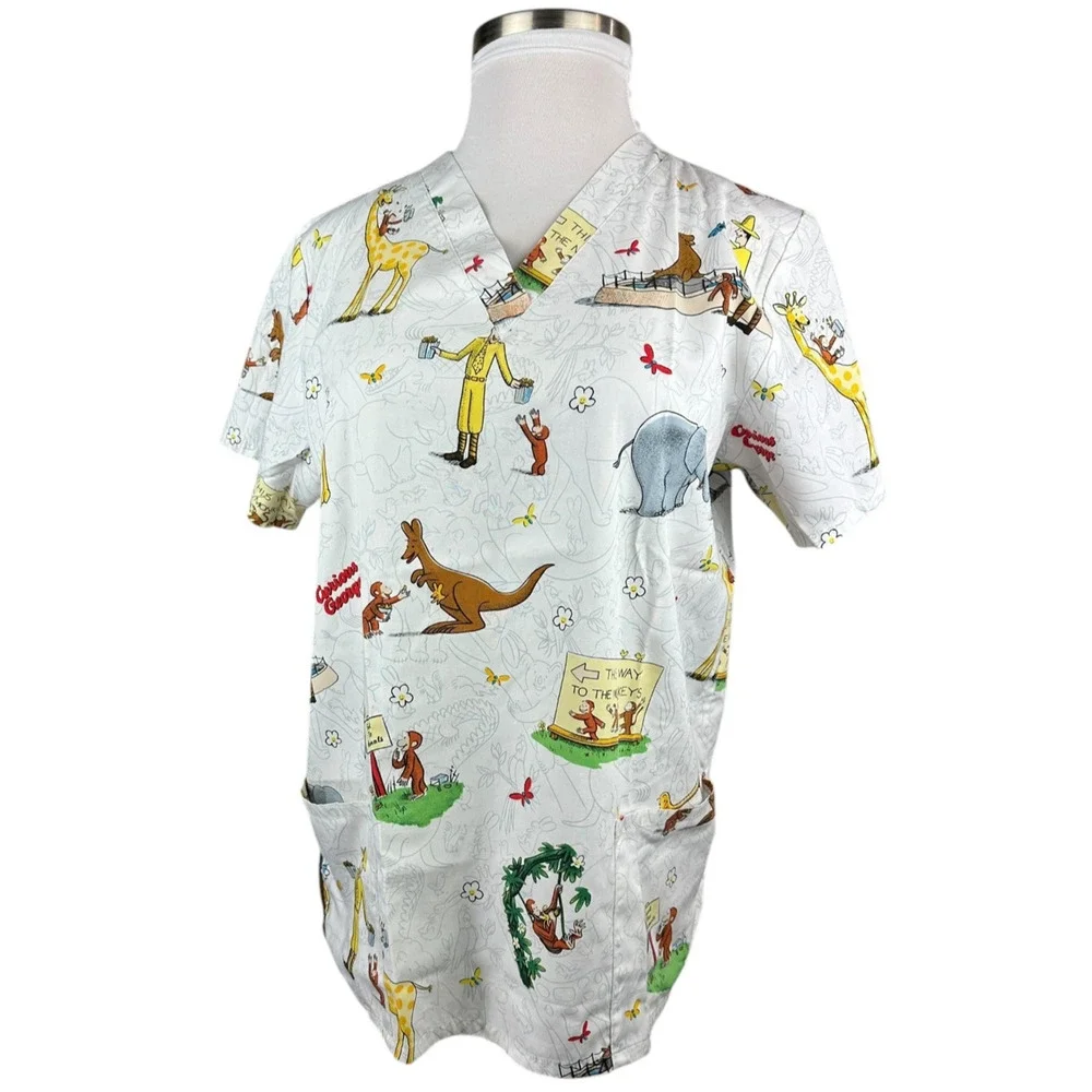 ✨2/$20 Curious George Adventures Cartoon Nurse CNA V-Neck Scrub Top Large - Picture 3 of 13
